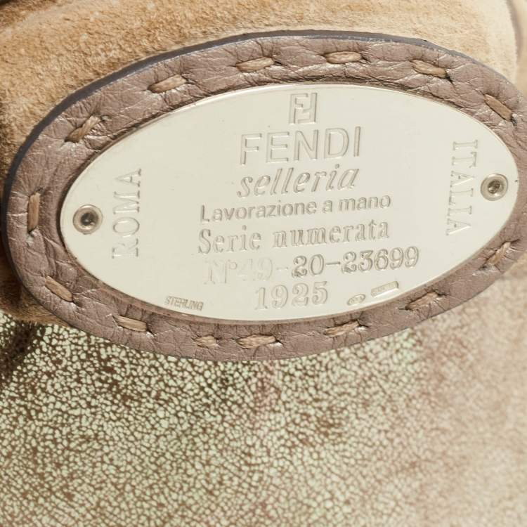 Pre Owned Fendi Gold/Grey Shimmer Suede and Selleria Leather Chef Flap Shoulder Bag