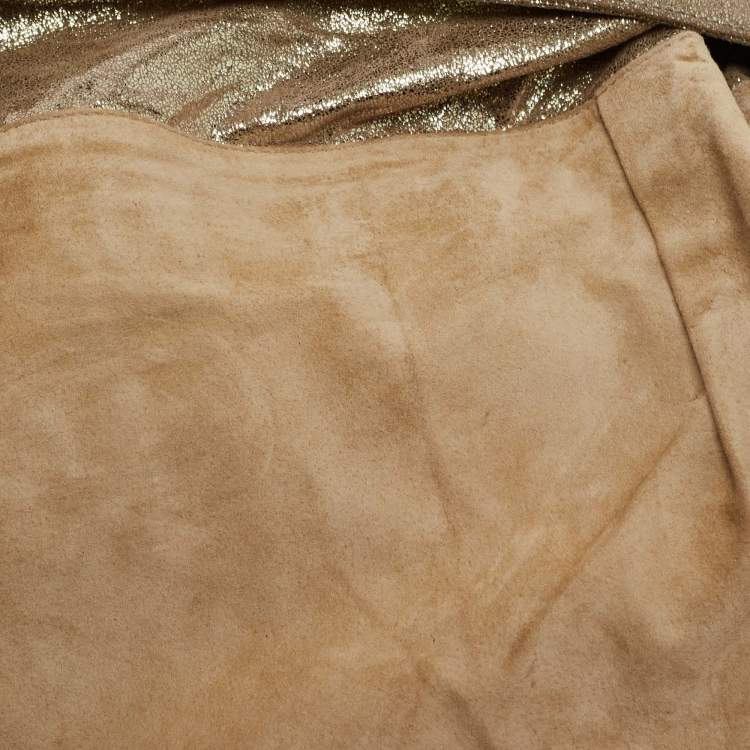 Pre Owned Fendi Gold/Grey Shimmer Suede and Selleria Leather Chef Flap Shoulder Bag