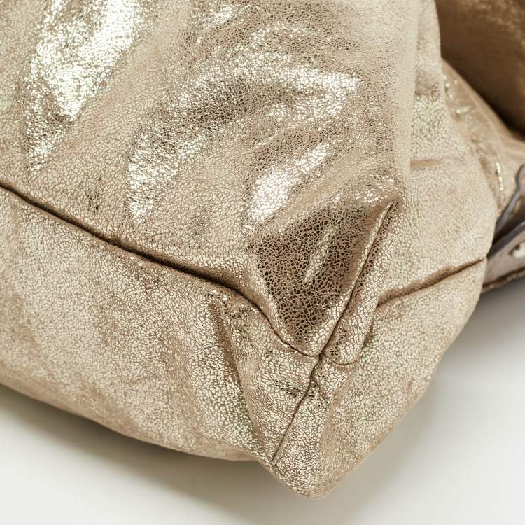 Pre Owned Fendi Gold/Grey Shimmer Suede and Selleria Leather Chef Flap Shoulder Bag