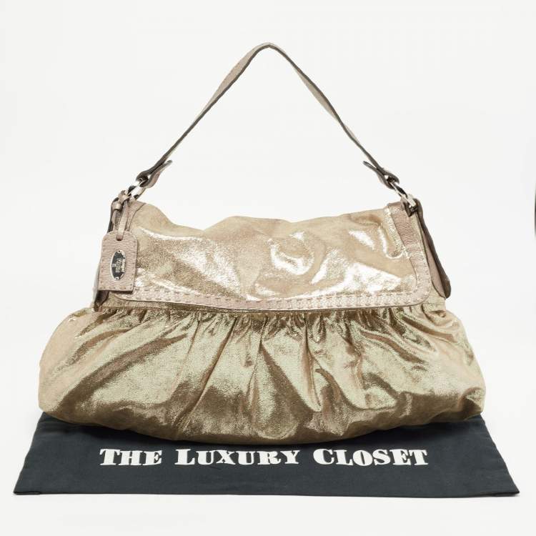 Pre Owned Fendi Gold/Grey Shimmer Suede and Selleria Leather Chef Flap Shoulder Bag