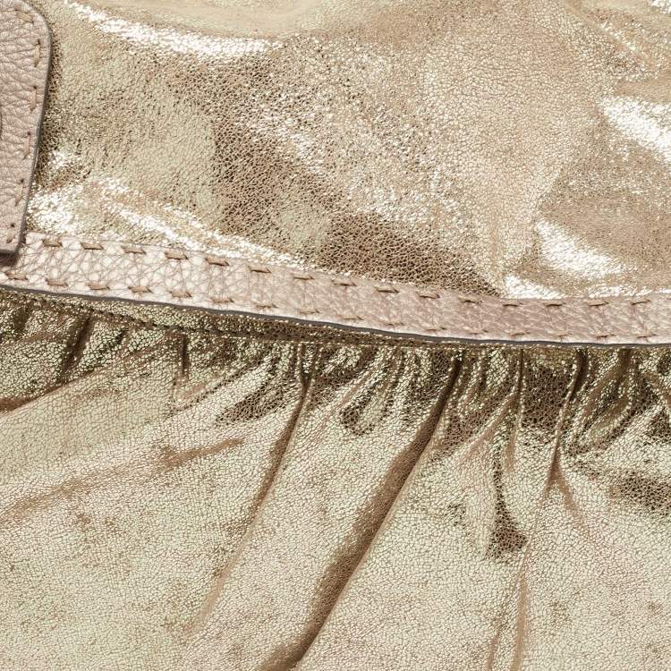 Pre Owned Fendi Gold/Grey Shimmer Suede and Selleria Leather Chef Flap Shoulder Bag