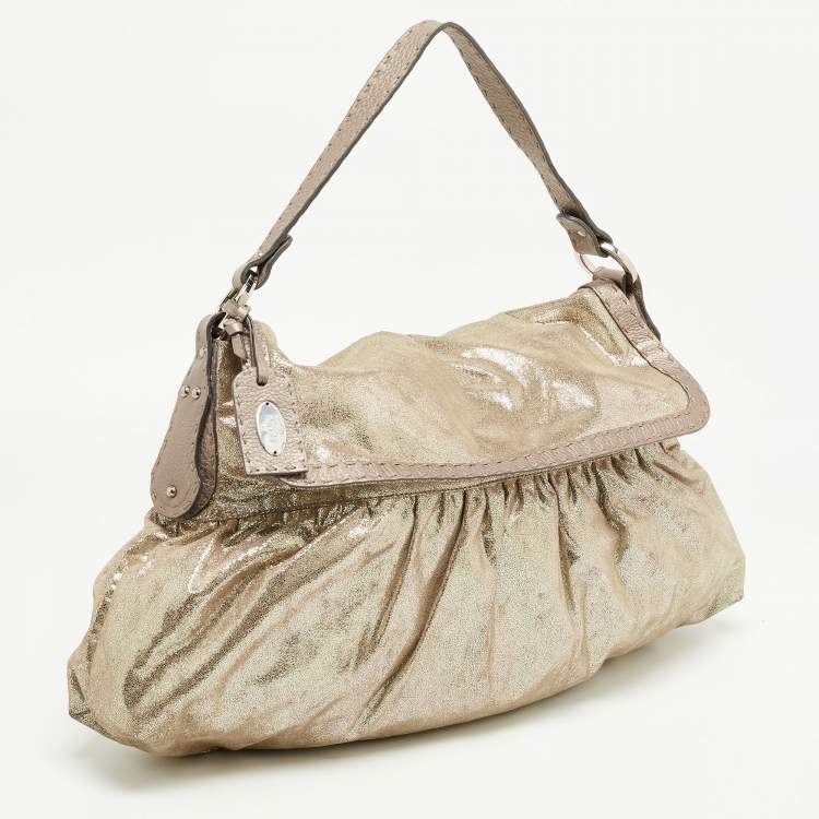 Pre Owned Fendi Gold/Grey Shimmer Suede and Selleria Leather Chef Flap Shoulder Bag