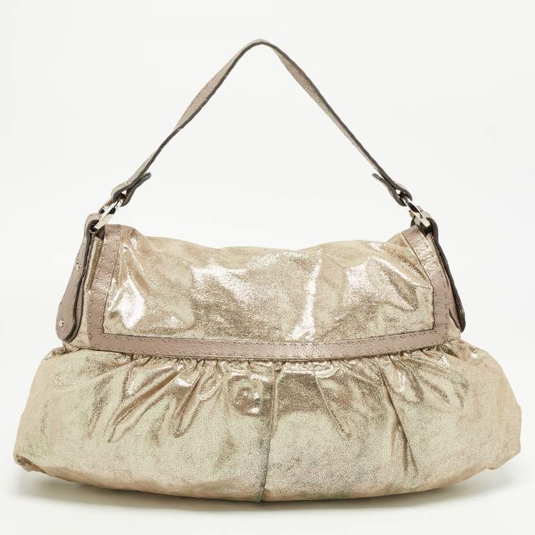 Pre Owned Fendi Gold/Grey Shimmer Suede and Selleria Leather Chef Flap Shoulder Bag