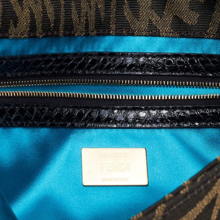 Pre Owned Fendi x Sarah Coleman Brown/Black FF Vertigo Canvas and Watersnake Leather Small Baguette 