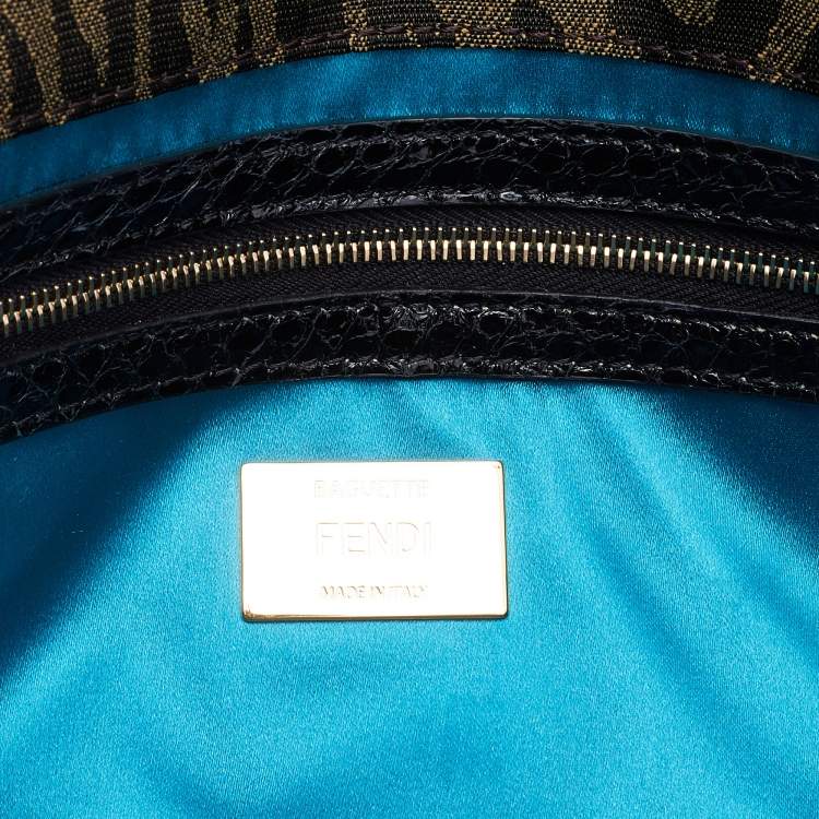 Pre Owned Fendi x Sarah Coleman Brown/Black FF Vertigo Canvas and Watersnake Leather Small Baguette 