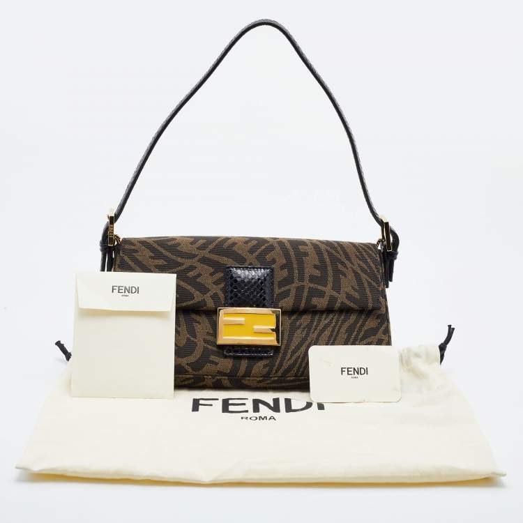 Pre Owned Fendi x Sarah Coleman Brown/Black FF Vertigo Canvas and Watersnake Leather Small Baguette 