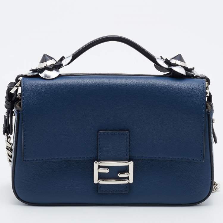 Pre Owned Fendi Blue/Black Leather Micro Flowerland Double Baguette Bag