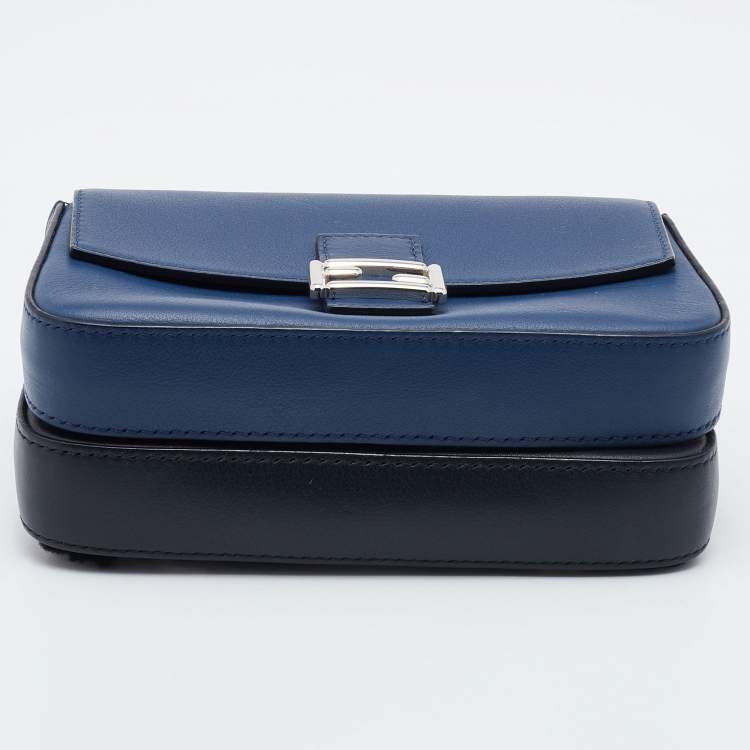 Pre Owned Fendi Blue/Black Leather Micro Flowerland Double Baguette Bag