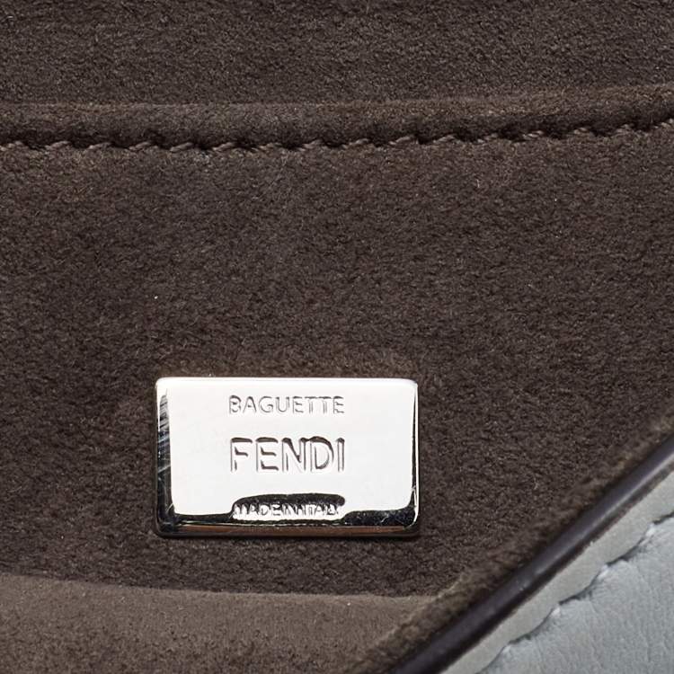 Pre Owned Fendi Grey/Beige Embellished Leather Micro Double Baguette Bag