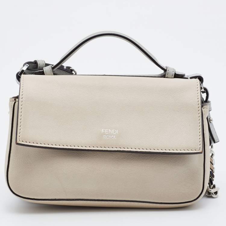 Pre Owned Fendi Grey/Beige Embellished Leather Micro Double Baguette Bag