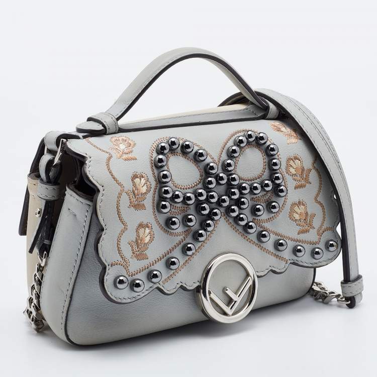 Pre Owned Fendi Grey/Beige Embellished Leather Micro Double Baguette Bag