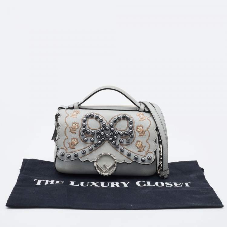 Pre Owned Fendi Grey/Beige Embellished Leather Micro Double Baguette Bag