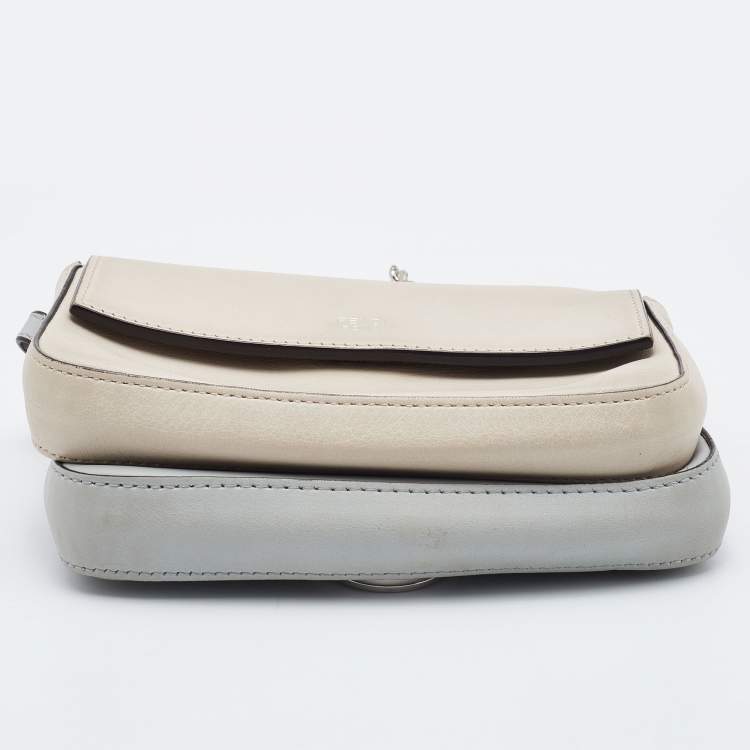 Pre Owned Fendi Grey/Beige Embellished Leather Micro Double Baguette Bag