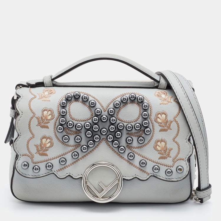 Pre Owned Fendi Grey/Beige Embellished Leather Micro Double Baguette Bag