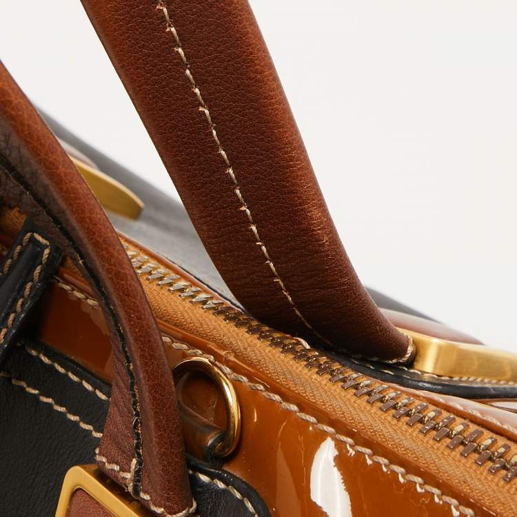 Pre Owned Fendi Black/Brown Patent and Leather Small Chameleon Satchel