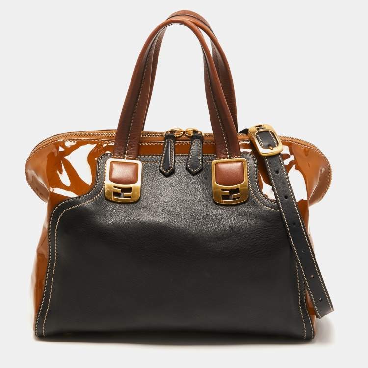 Pre Owned Fendi Black/Brown Patent and Leather Small Chameleon Satchel
