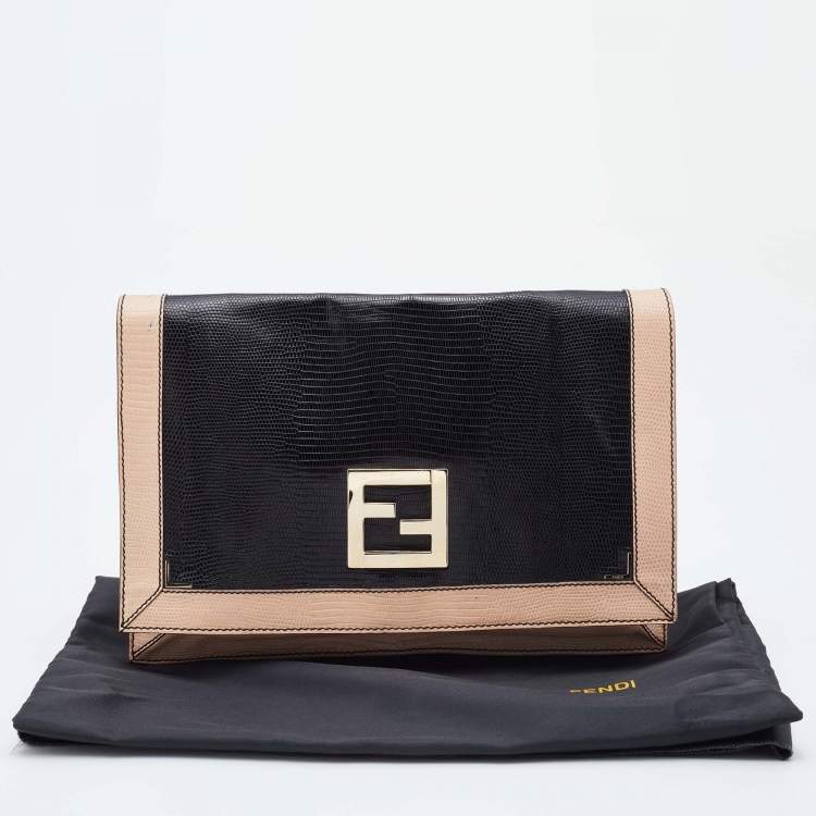 Pre Owned Fendi Black/Pink Lizard Embossed Leather Flap Clutch