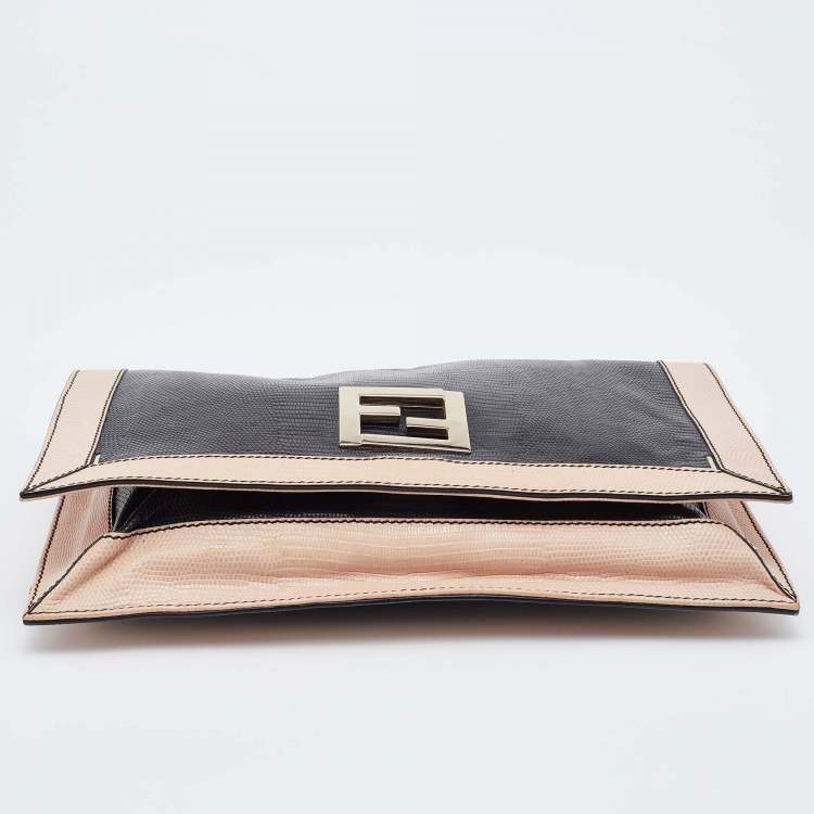 Pre Owned Fendi Black/Pink Lizard Embossed Leather Flap Clutch