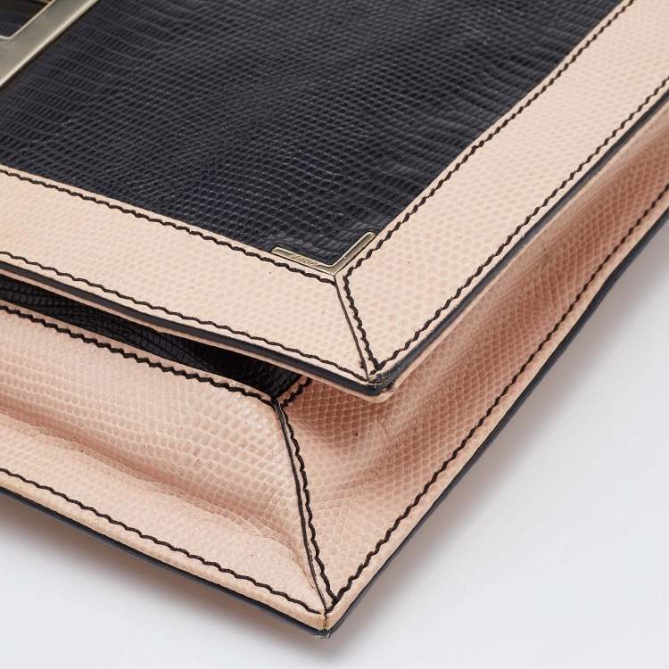 Pre Owned Fendi Black/Pink Lizard Embossed Leather Flap Clutch