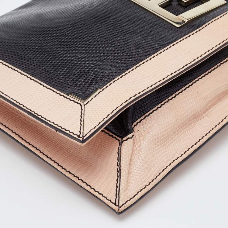 Pre Owned Fendi Black/Pink Lizard Embossed Leather Flap Clutch