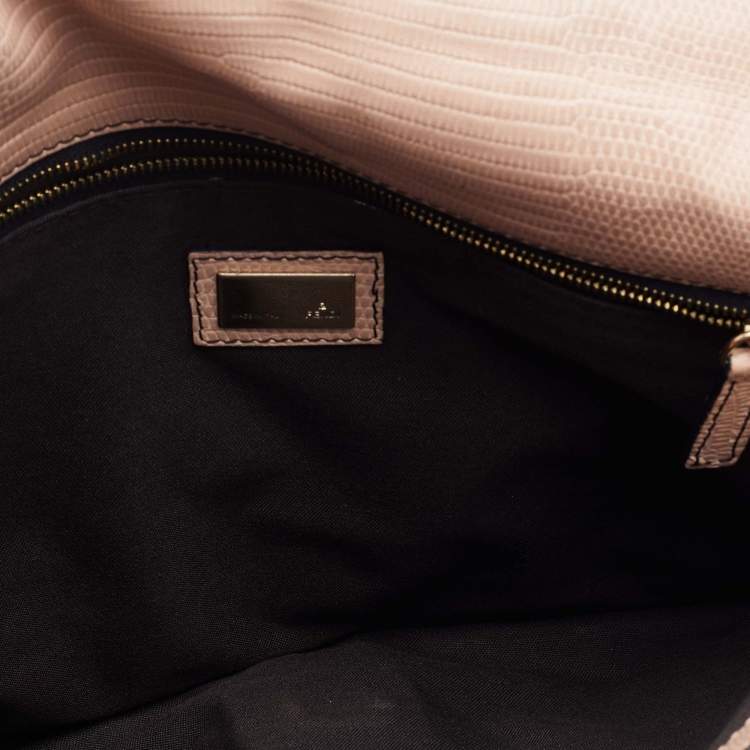 Pre Owned Fendi Black/Pink Lizard Embossed Leather Flap Clutch