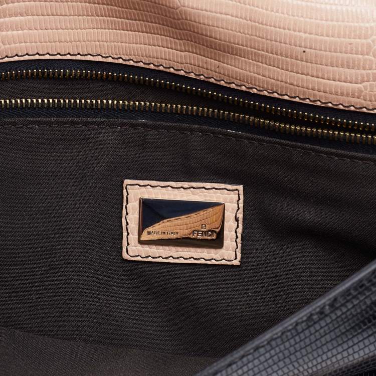 Pre Owned Fendi Black/Pink Lizard Embossed Leather Flap Clutch
