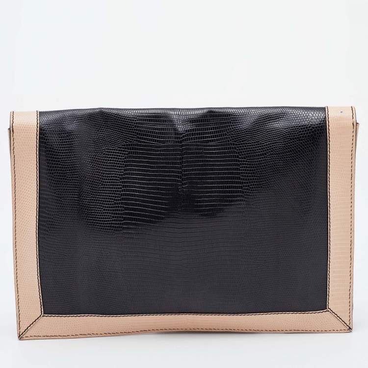 Pre Owned Fendi Black/Pink Lizard Embossed Leather Flap Clutch