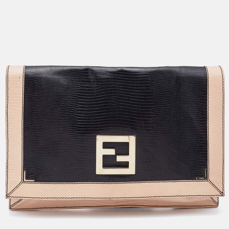Pre Owned Fendi Black/Pink Lizard Embossed Leather Flap Clutch