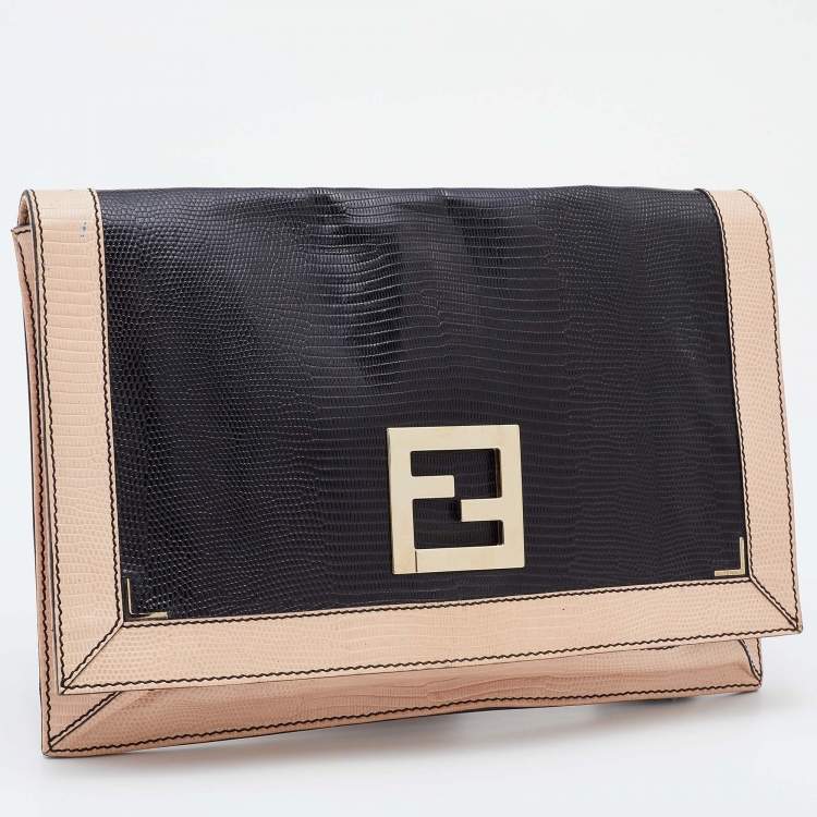 Pre Owned Fendi Black/Pink Lizard Embossed Leather Flap Clutch