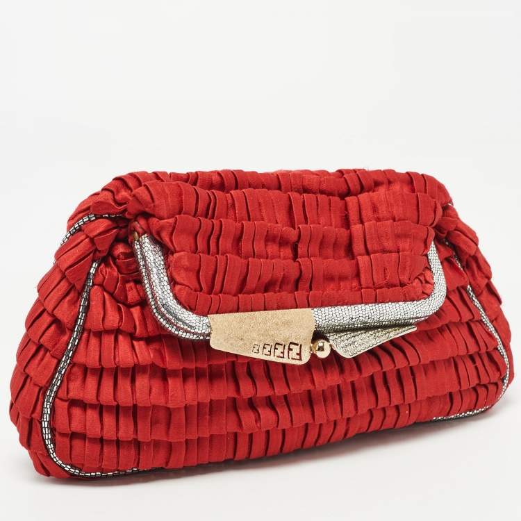 Pre Owned Fendi Red/Silver Pleated Satin Borderline Clutch