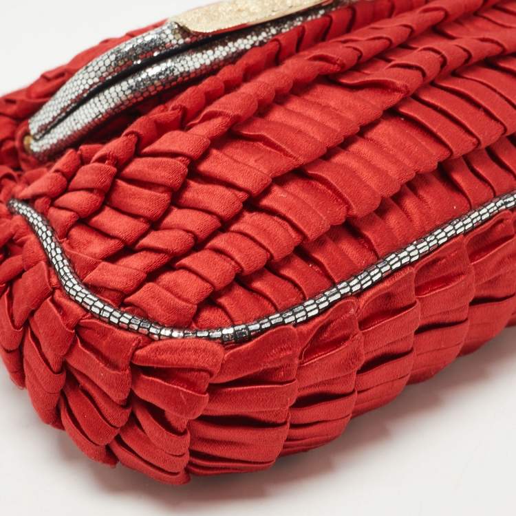 Pre Owned Fendi Red/Silver Pleated Satin Borderline Clutch