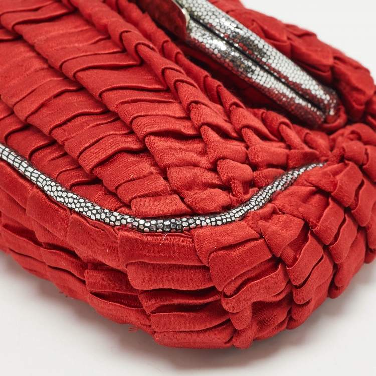 Pre Owned Fendi Red/Silver Pleated Satin Borderline Clutch