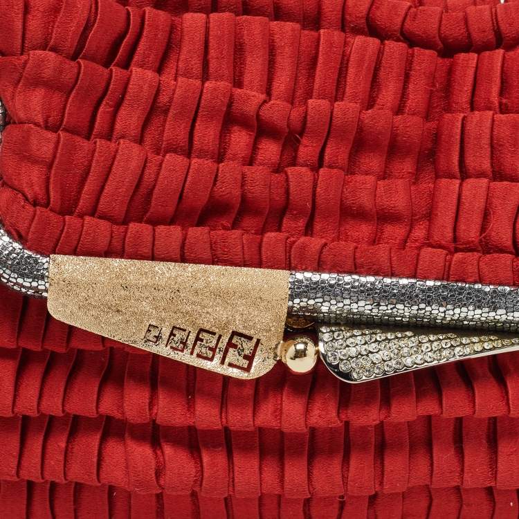 Pre Owned Fendi Red/Silver Pleated Satin Borderline Clutch