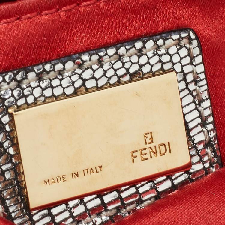 Pre Owned Fendi Red/Silver Pleated Satin Borderline Clutch
