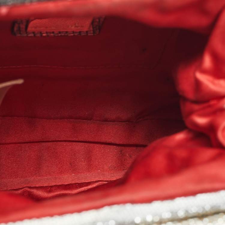 Pre Owned Fendi Red/Silver Pleated Satin Borderline Clutch