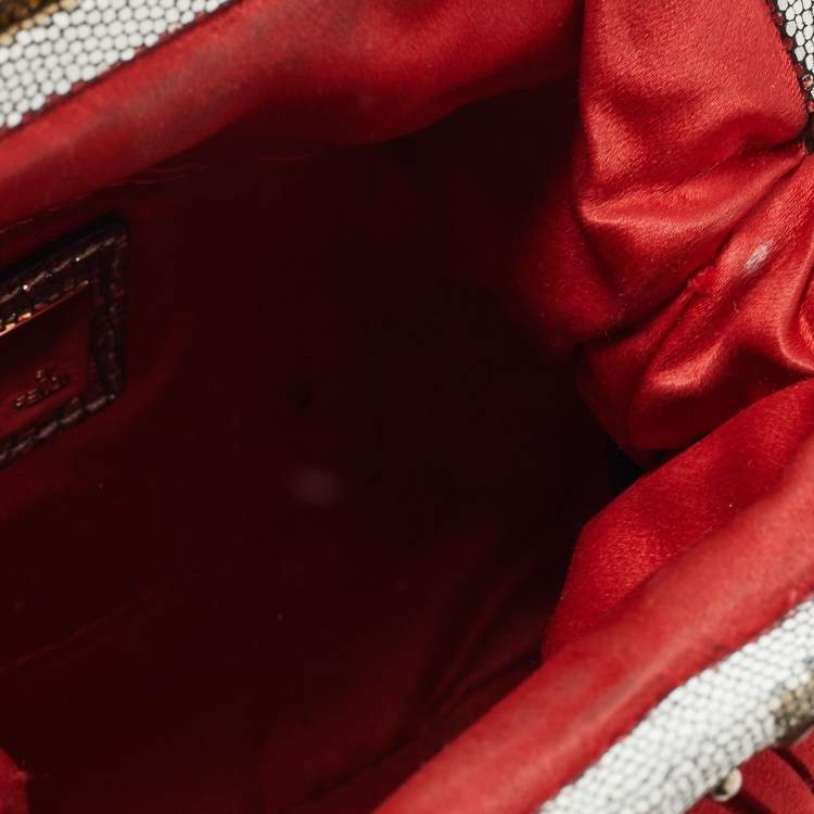 Pre Owned Fendi Red/Silver Pleated Satin Borderline Clutch