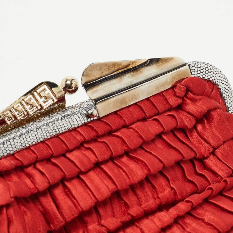 Pre Owned Fendi Red/Silver Pleated Satin Borderline Clutch
