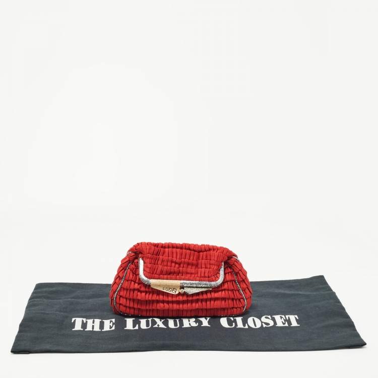 Pre Owned Fendi Red/Silver Pleated Satin Borderline Clutch