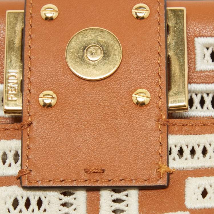 Pre Owned Fendi Brown FF Embroidery Fabric and Leather Baguette Shoulder Bag