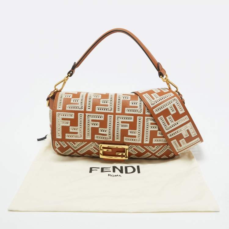 Pre Owned Fendi Brown FF Embroidery Fabric and Leather Baguette Shoulder Bag