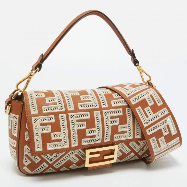 Pre Owned Fendi Brown FF Embroidery Fabric and Leather Baguette Shoulder Bag