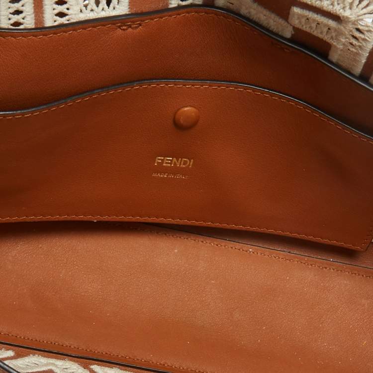 Pre Owned Fendi Brown FF Embroidery Fabric and Leather Baguette Shoulder Bag