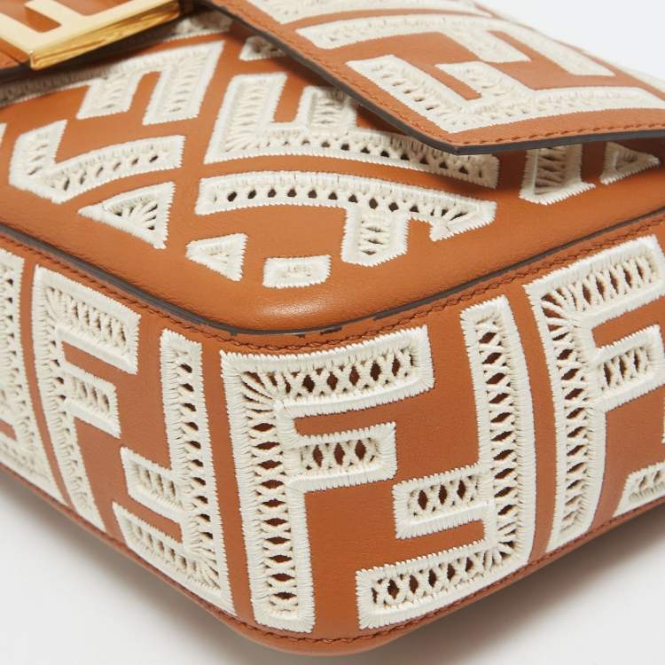 Pre Owned Fendi Brown FF Embroidery Fabric and Leather Baguette Shoulder Bag