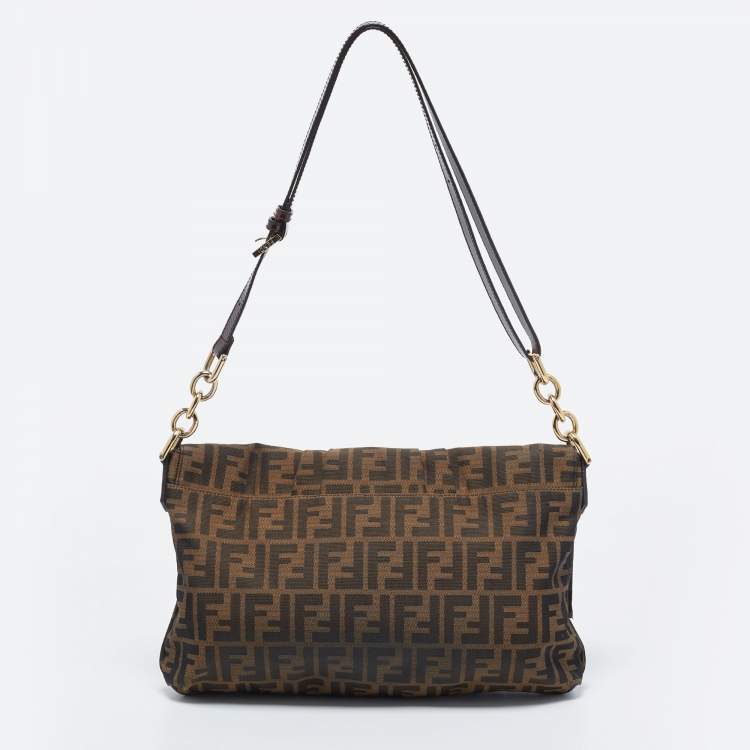 Pre Owned Fendi Tobacco Zucca Canvas and Patent Leather Mia Flap Shoulder Bag