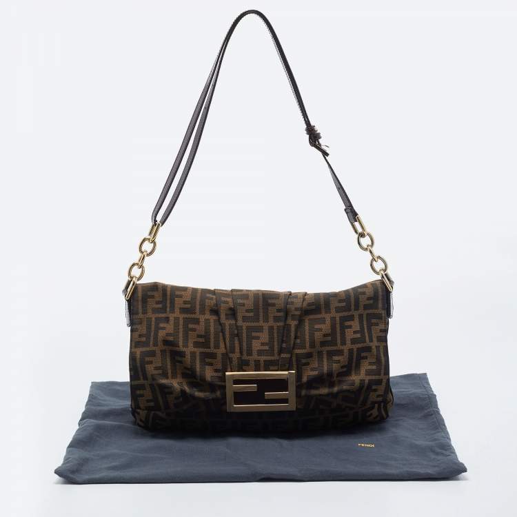 Pre Owned Fendi Tobacco Zucca Canvas and Patent Leather Mia Flap Shoulder Bag