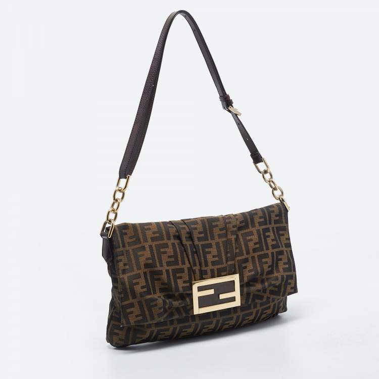 Pre Owned Fendi Tobacco Zucca Canvas and Patent Leather Mia Flap Shoulder Bag