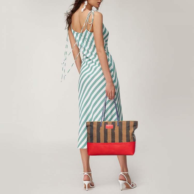 Pre Owned Fendi Tobacco/Red Pequin Striped Canvas and Leather Roll Shopper Tote