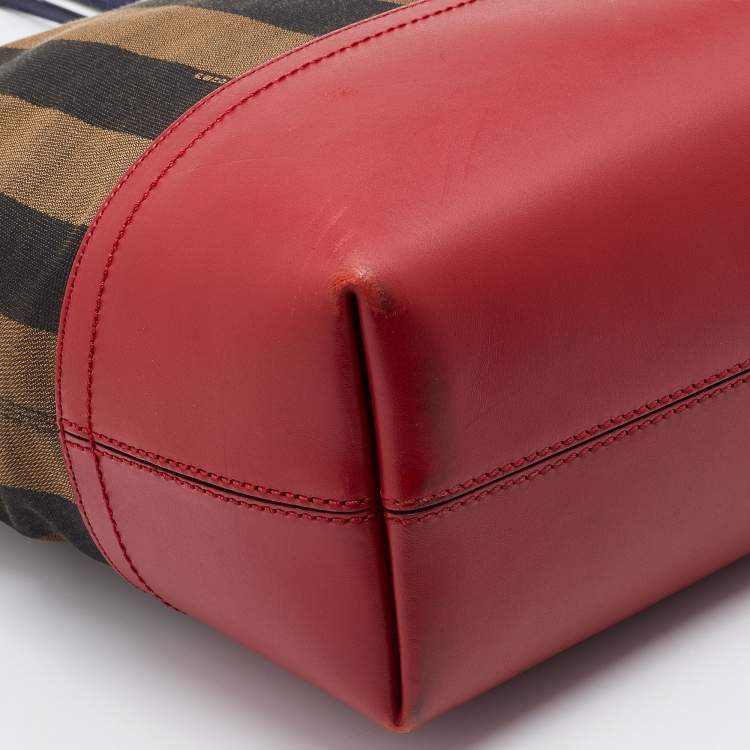 Pre Owned Fendi Tobacco/Red Pequin Striped Canvas and Leather Roll Shopper Tote