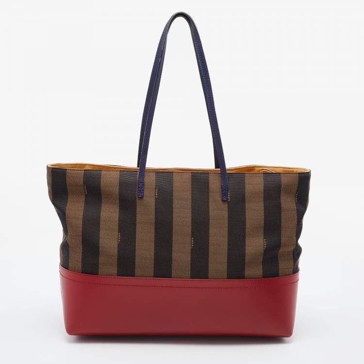 Pre Owned Fendi Tobacco/Red Pequin Striped Canvas and Leather Roll Shopper Tote