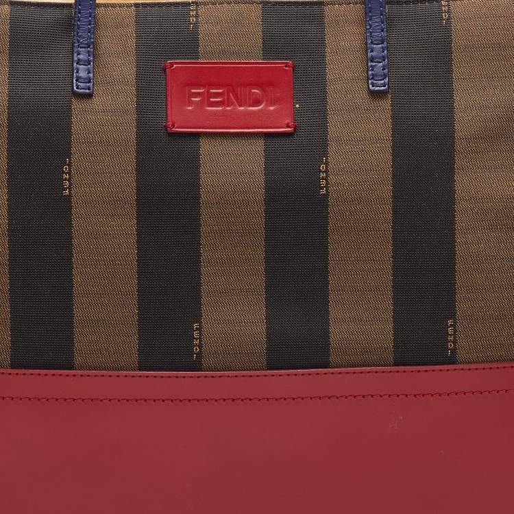 Pre Owned Fendi Tobacco/Red Pequin Striped Canvas and Leather Roll Shopper Tote